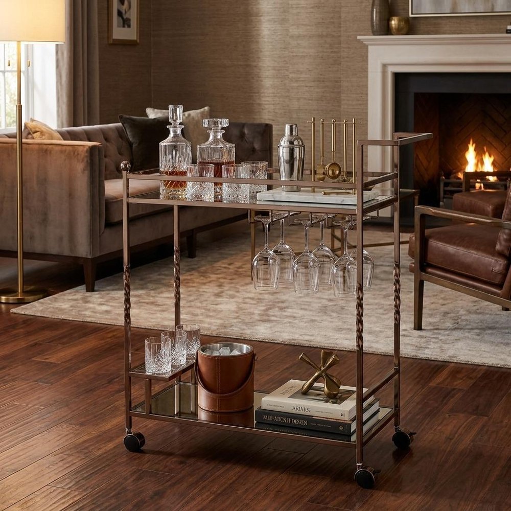 Champagne Metal And Mirrored Glass Rolling Bar Cart With Wine Storage HomeRoots