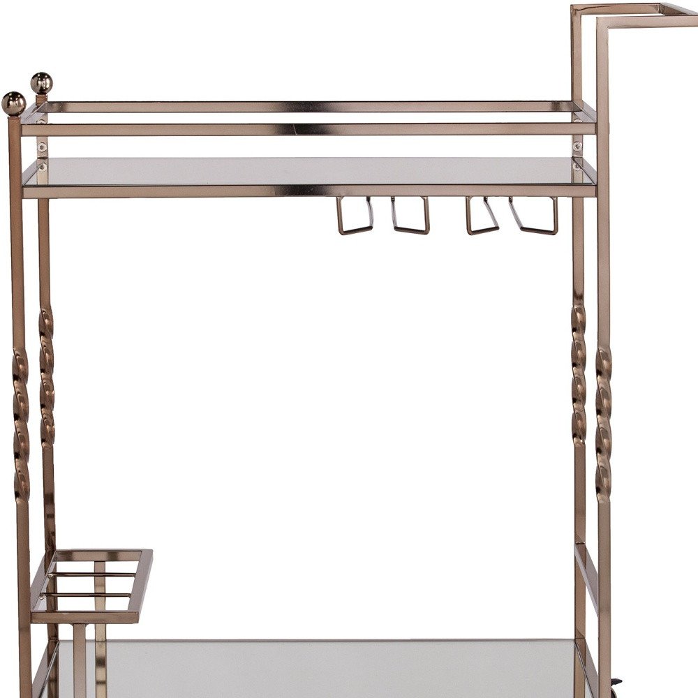 Champagne Metal And Mirrored Glass Rolling Bar Cart With Wine Storage — view 9