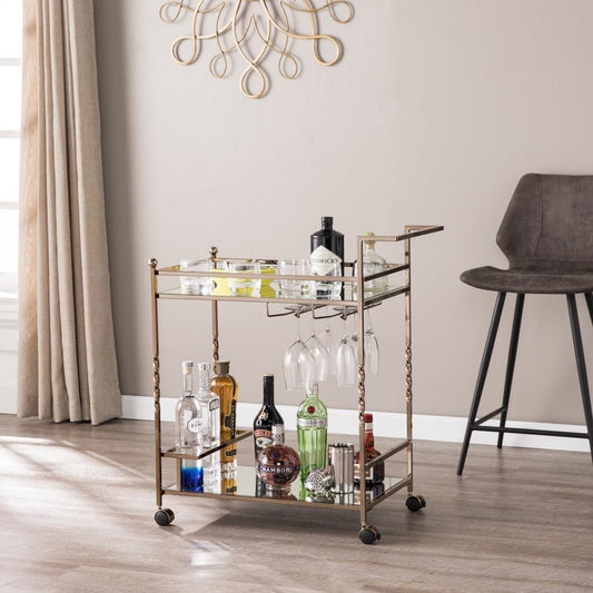 Champagne Metal And Mirrored Glass Rolling Bar Cart With Wine Storage HomeRoots