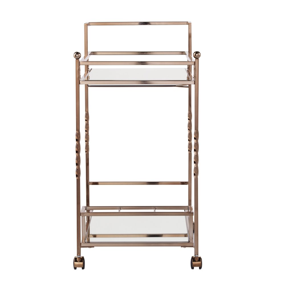 Champagne Metal And Mirrored Glass Rolling Bar Cart With Wine Storage — view 1