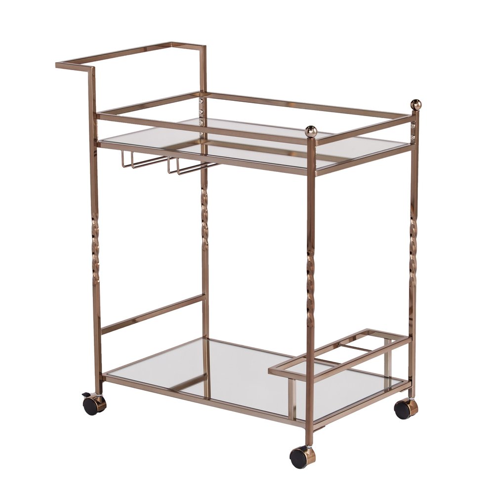 Champagne Metal And Mirrored Glass Rolling Bar Cart With Wine Storage — view 2