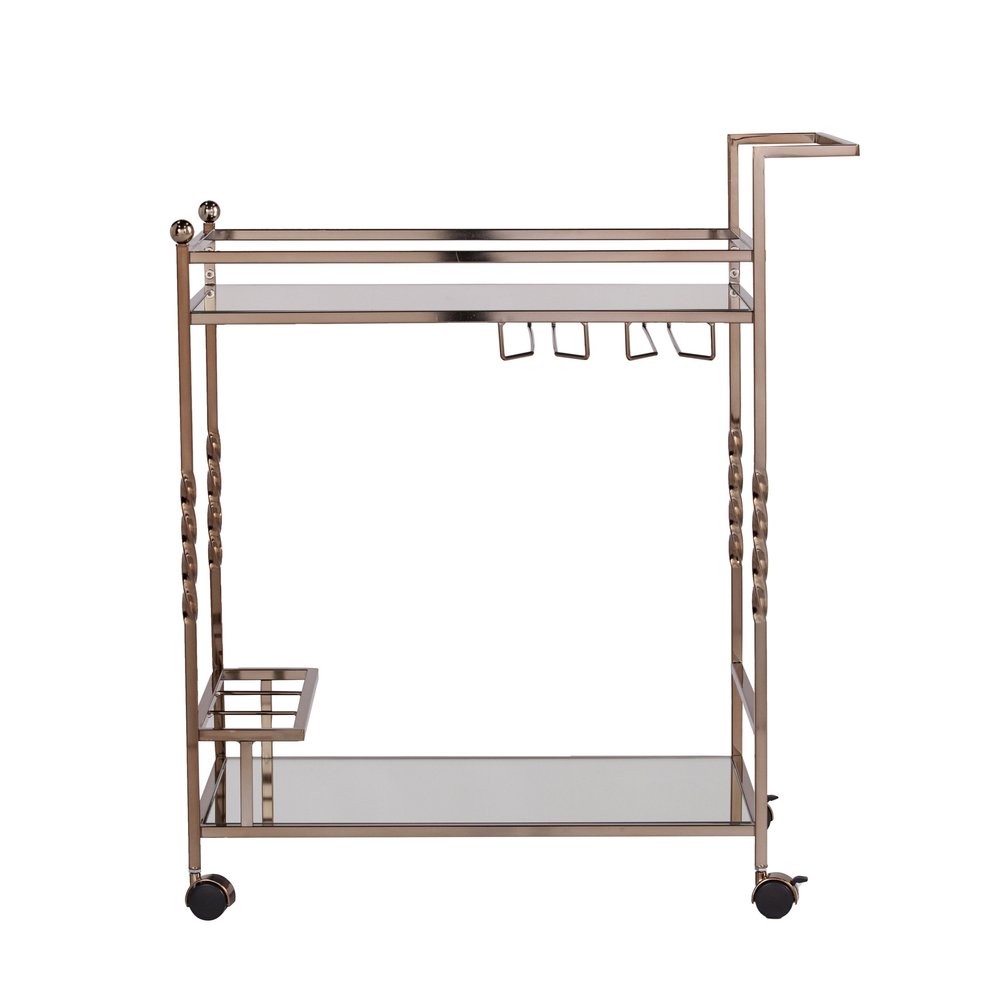 Champagne Metal And Mirrored Glass Rolling Bar Cart With Wine Storage — view 3