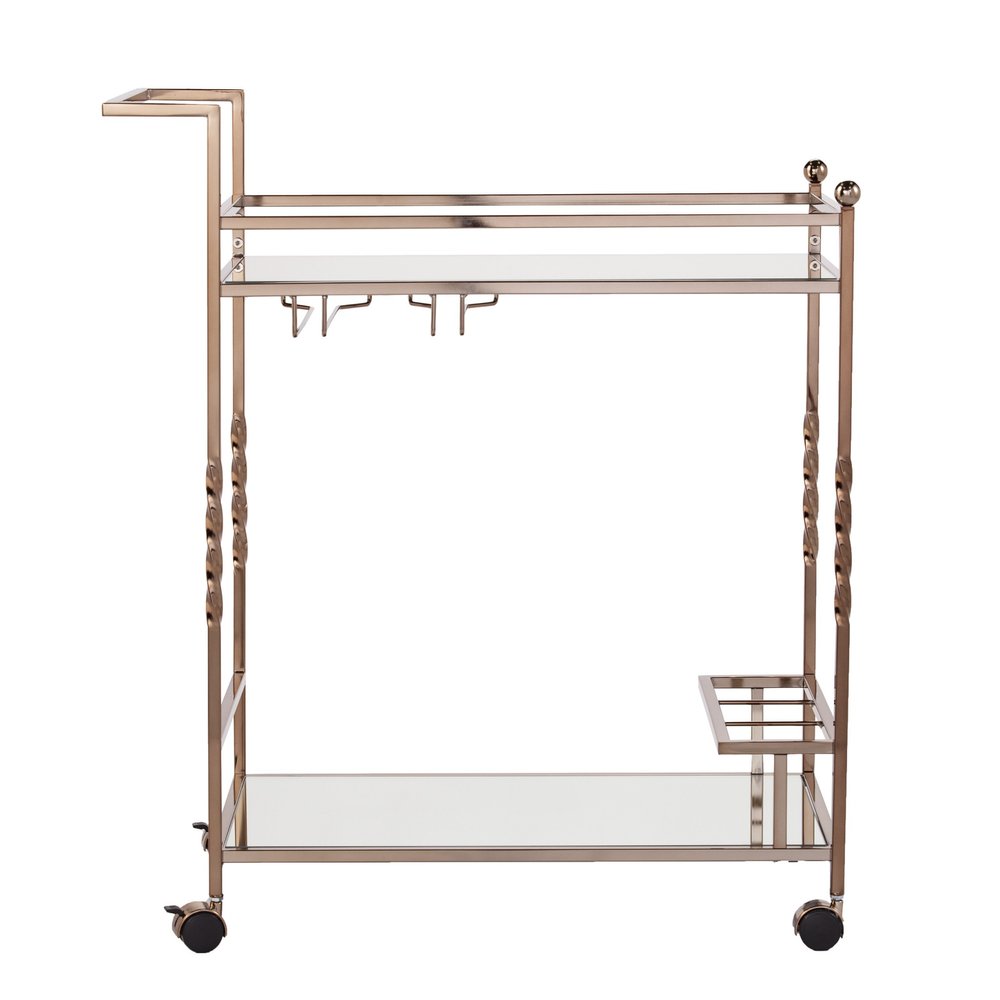 Champagne Metal And Mirrored Glass Rolling Bar Cart With Wine Storage — view 4