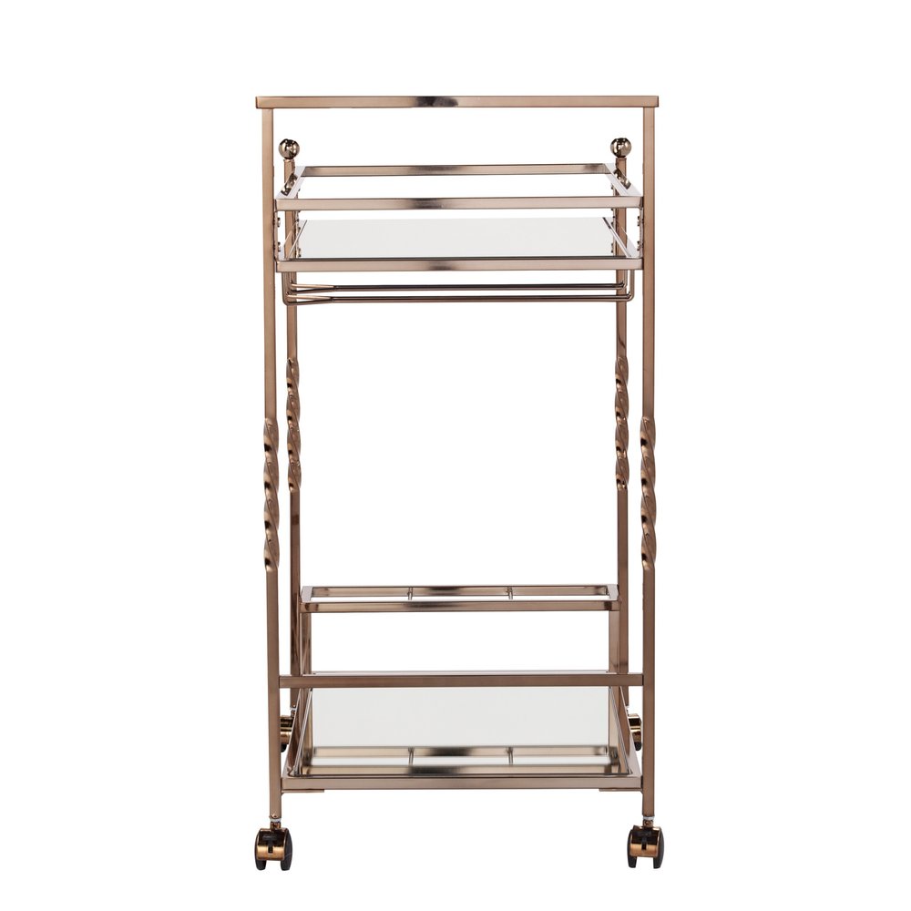 Champagne Metal And Mirrored Glass Rolling Bar Cart With Wine Storage — view 5