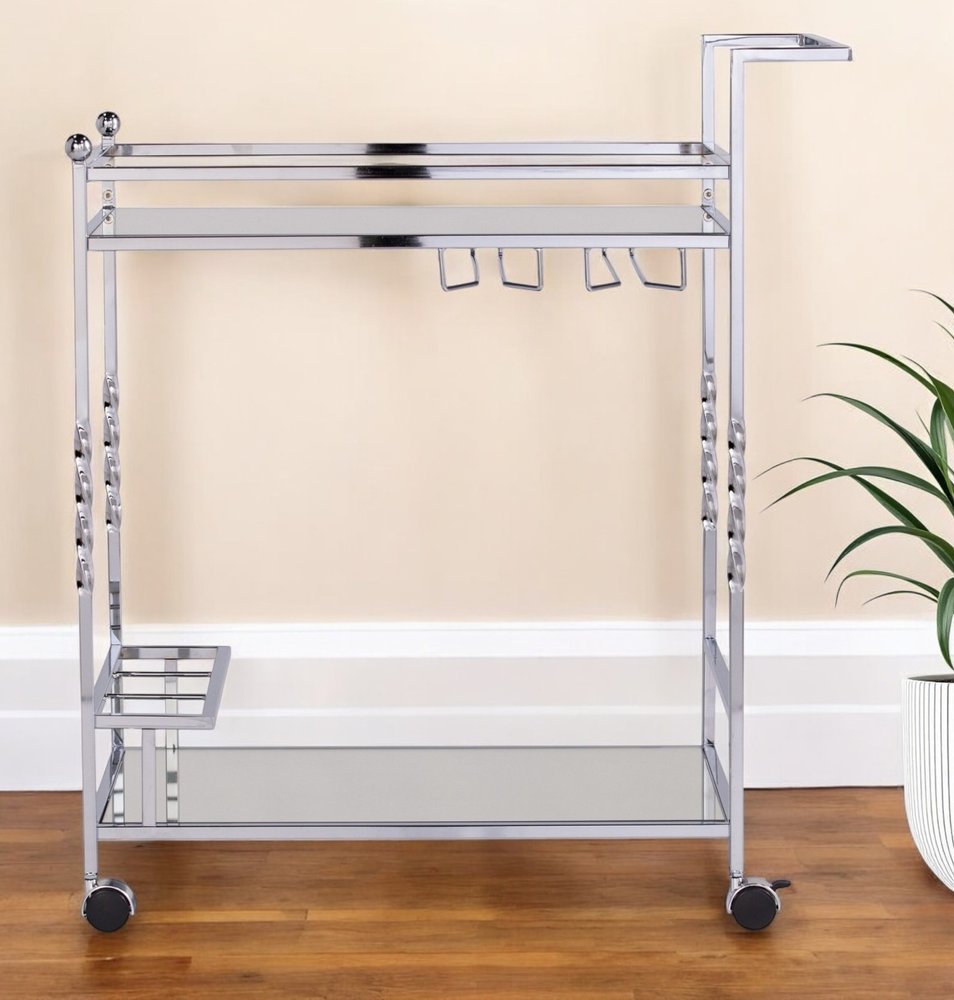 29" Silver Metal and Mirrored Glass Rolling Bar Cart With Wine Storage