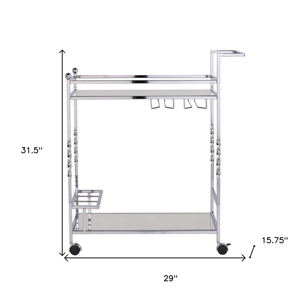 29" Silver Metal and Mirrored Glass Rolling Bar Cart With Wine Storage — view 10