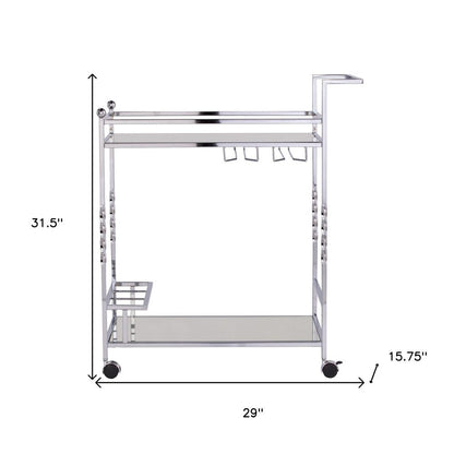 29" Silver Metal and Mirrored Glass Rolling Bar Cart With Wine Storage