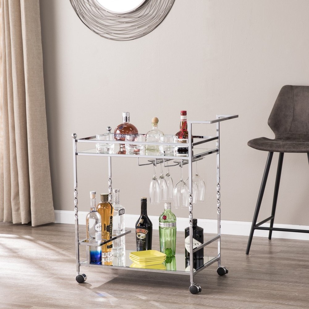 29" Silver Metal and Mirrored Glass Rolling Bar Cart With Wine Storage HomeRoots