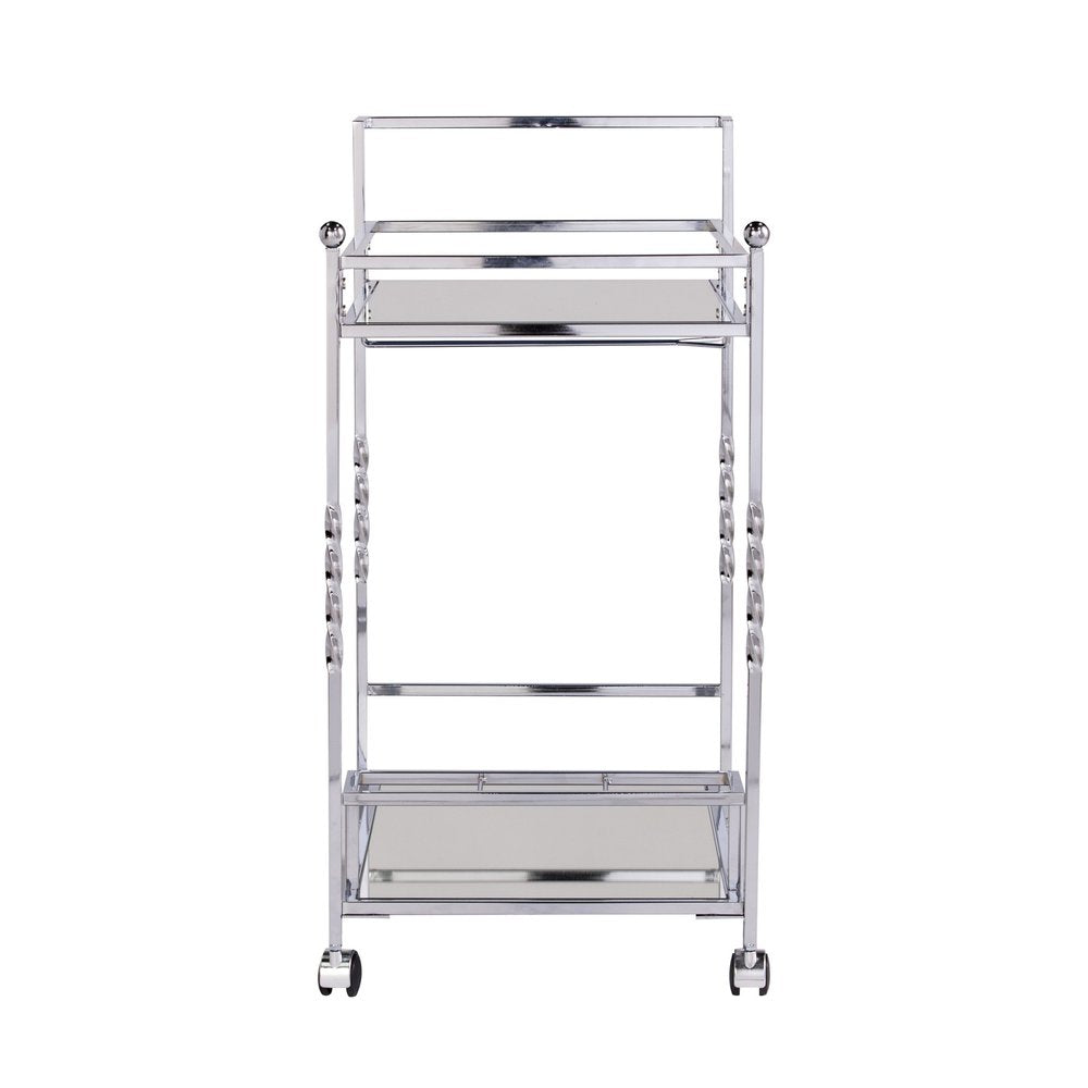 29" Silver Metal and Mirrored Glass Rolling Bar Cart With Wine Storage — view 2
