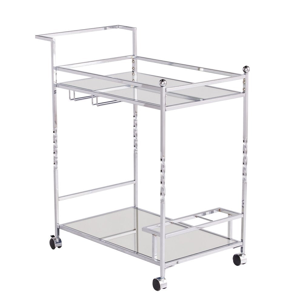 29" Silver Metal and Mirrored Glass Rolling Bar Cart With Wine Storage — view 3