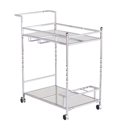 29" Silver Metal and Mirrored Glass Rolling Bar Cart With Wine Storage HomeRoots