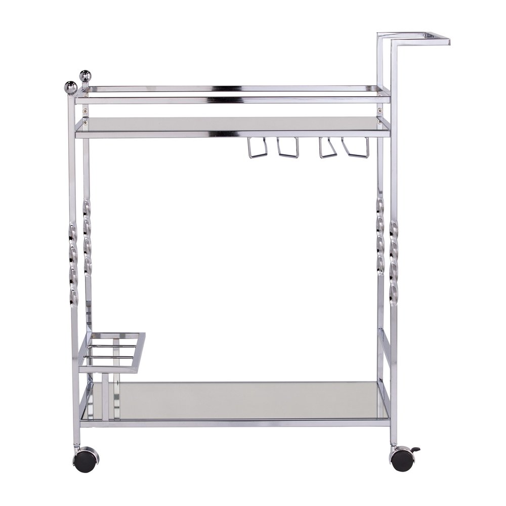 29" Silver Metal and Mirrored Glass Rolling Bar Cart With Wine Storage — view 4
