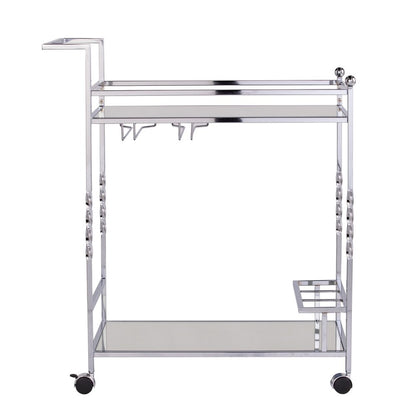 29" Silver Metal and Mirrored Glass Rolling Bar Cart With Wine Storage HomeRoots