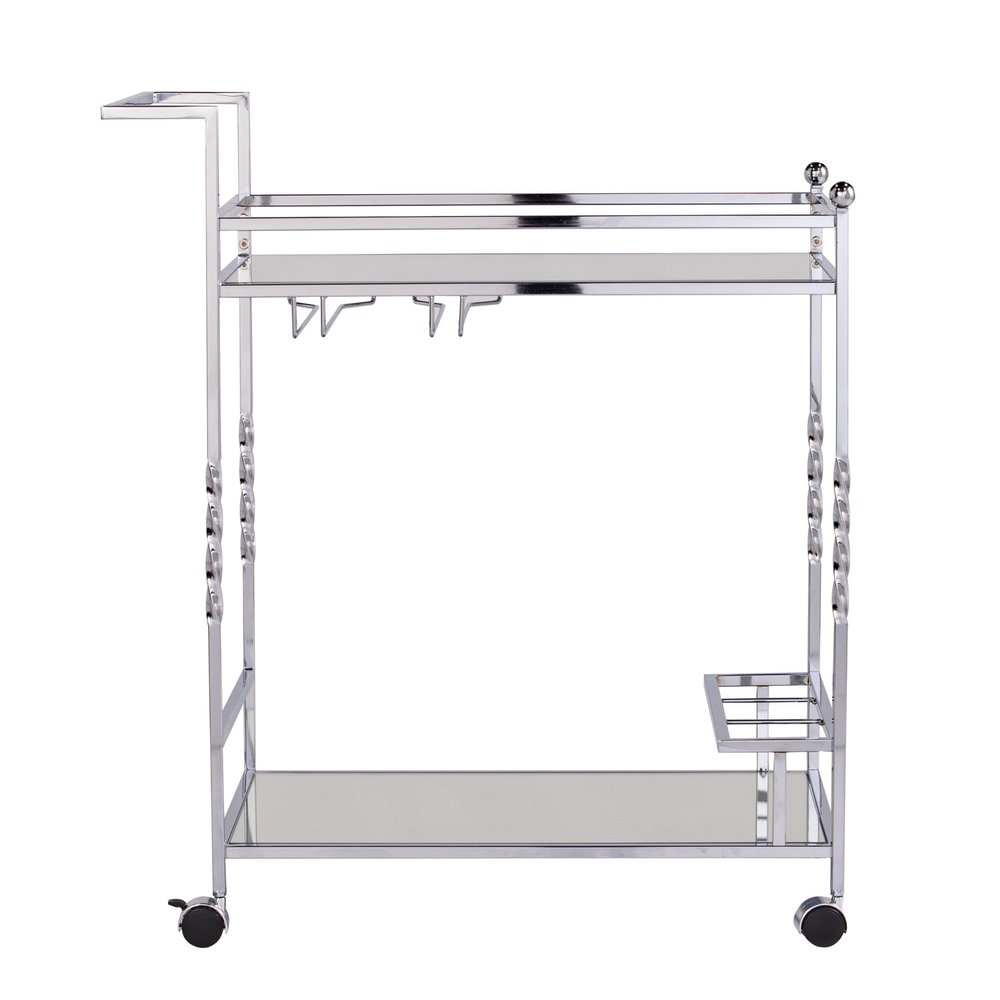 29" Silver Metal and Mirrored Glass Rolling Bar Cart With Wine Storage — view 5