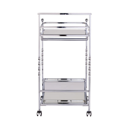 Silver Metal And Mirrored Glass Bar Cart With Wine Storage