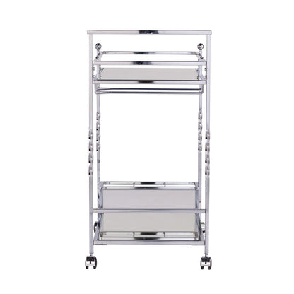 29" Silver Metal and Mirrored Glass Rolling Bar Cart With Wine Storage HomeRoots