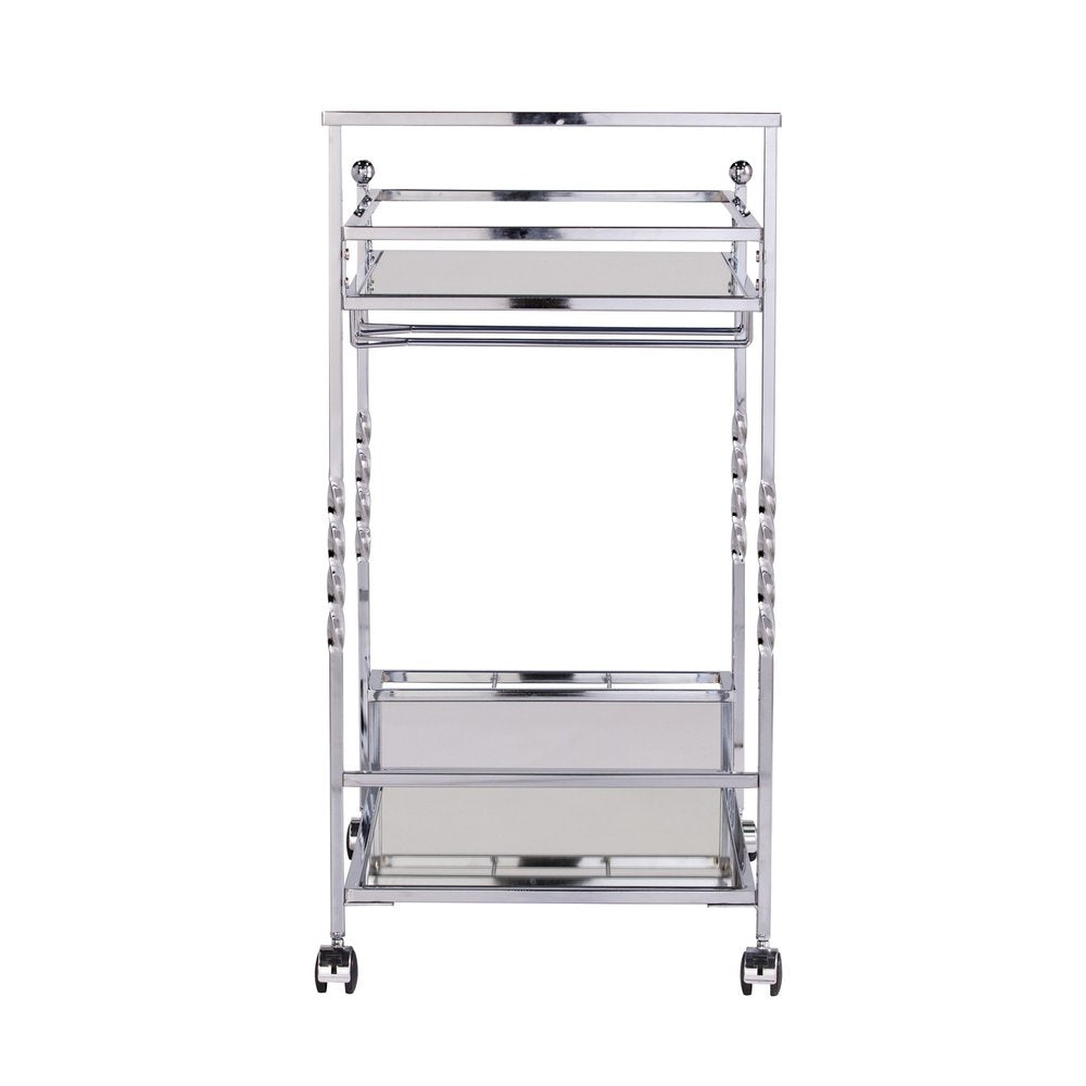 29" Silver Metal and Mirrored Glass Rolling Bar Cart With Wine Storage — view 6