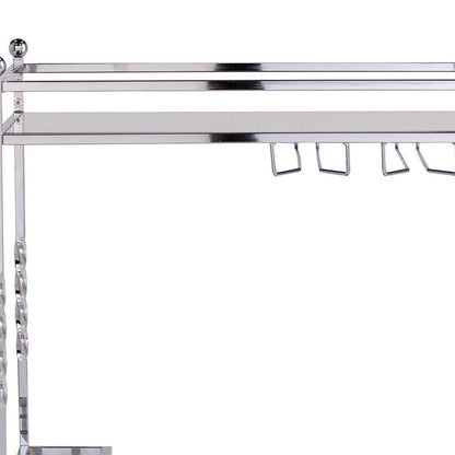 29" Silver Metal and Mirrored Glass Rolling Bar Cart With Wine Storage