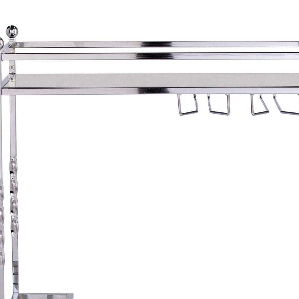 29" Silver Metal and Mirrored Glass Rolling Bar Cart With Wine Storage — view 9