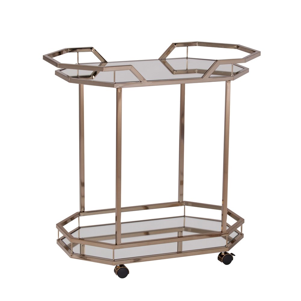 31" Champagne Iron and Mirrored Glass Octagonal Rolling Bar Cart — view 7