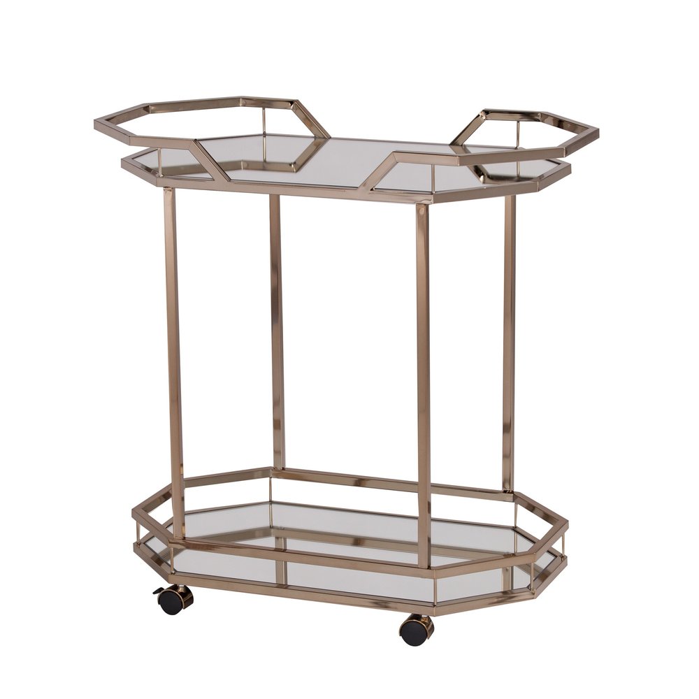 31" Champagne Iron and Mirrored Glass Octagonal Rolling Bar Cart HomeRoots