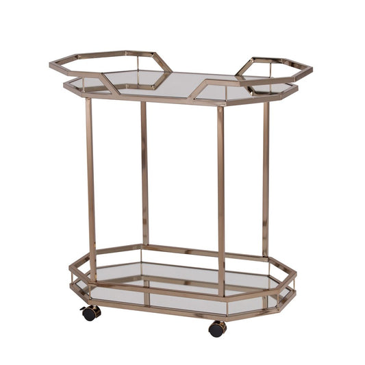 31" Champagne Iron and Mirrored Glass Octagonal Rolling Bar Cart