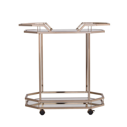 31" Champagne Iron and Mirrored Glass Octagonal Rolling Bar Cart HomeRoots