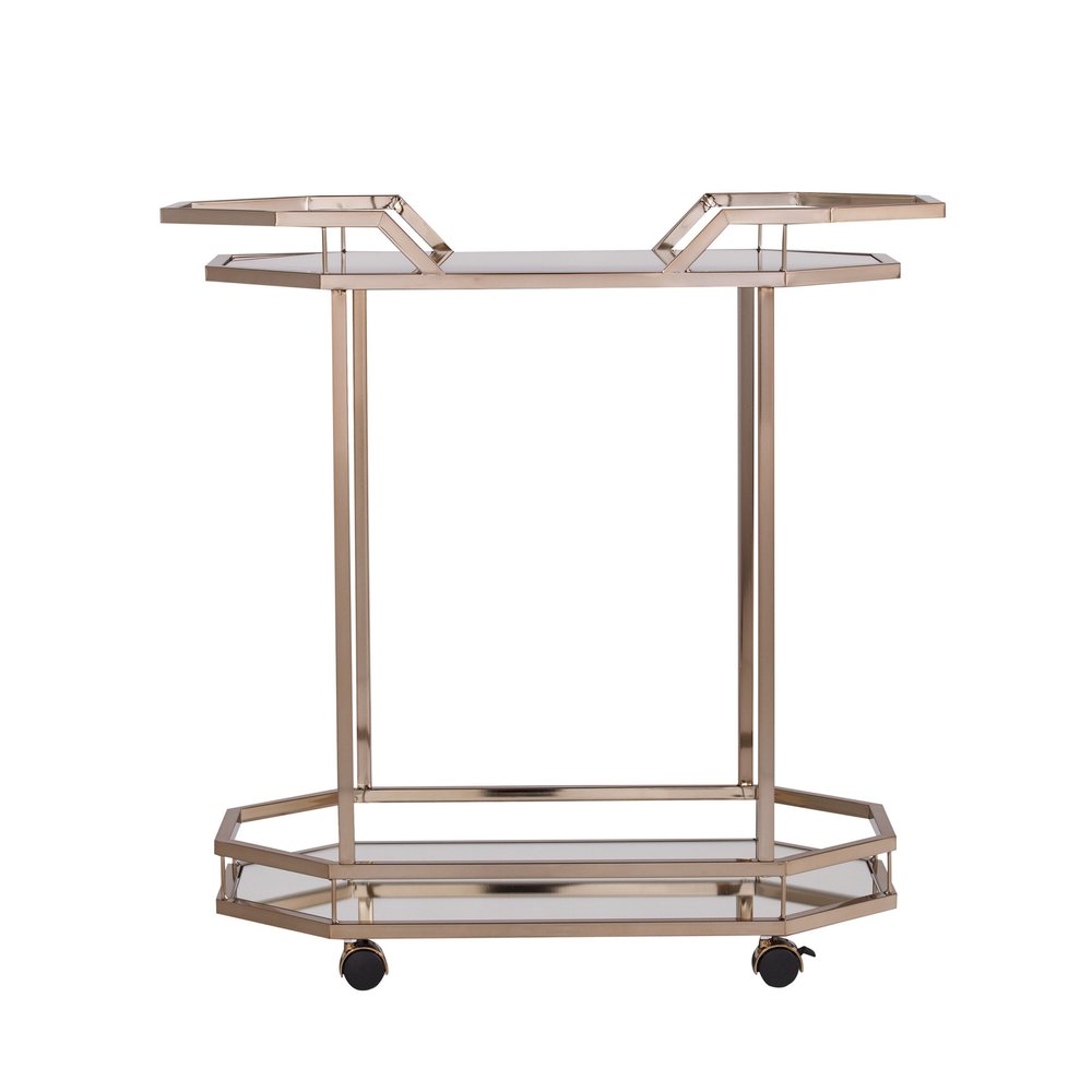 31" Champagne Iron and Mirrored Glass Octagonal Rolling Bar Cart HomeRoots