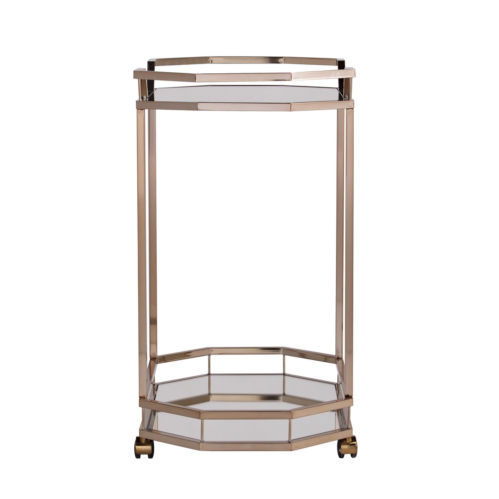 31" Champagne Iron and Mirrored Glass Octagonal Rolling Bar Cart HomeRoots