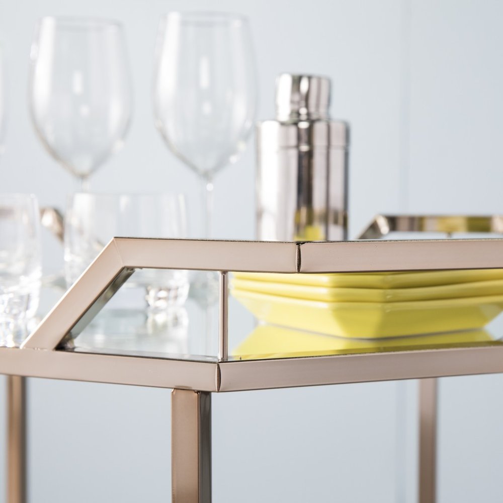 31" Champagne Iron and Mirrored Glass Octagonal Rolling Bar Cart HomeRoots