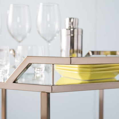 31" Champagne Iron and Mirrored Glass Octagonal Rolling Bar Cart HomeRoots