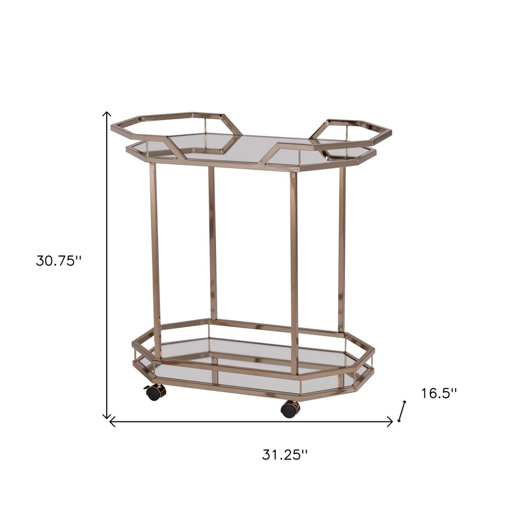 31" Champagne Iron and Mirrored Glass Octagonal Rolling Bar Cart HomeRoots