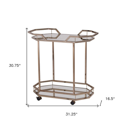 31" Champagne Iron and Mirrored Glass Octagonal Rolling Bar Cart HomeRoots