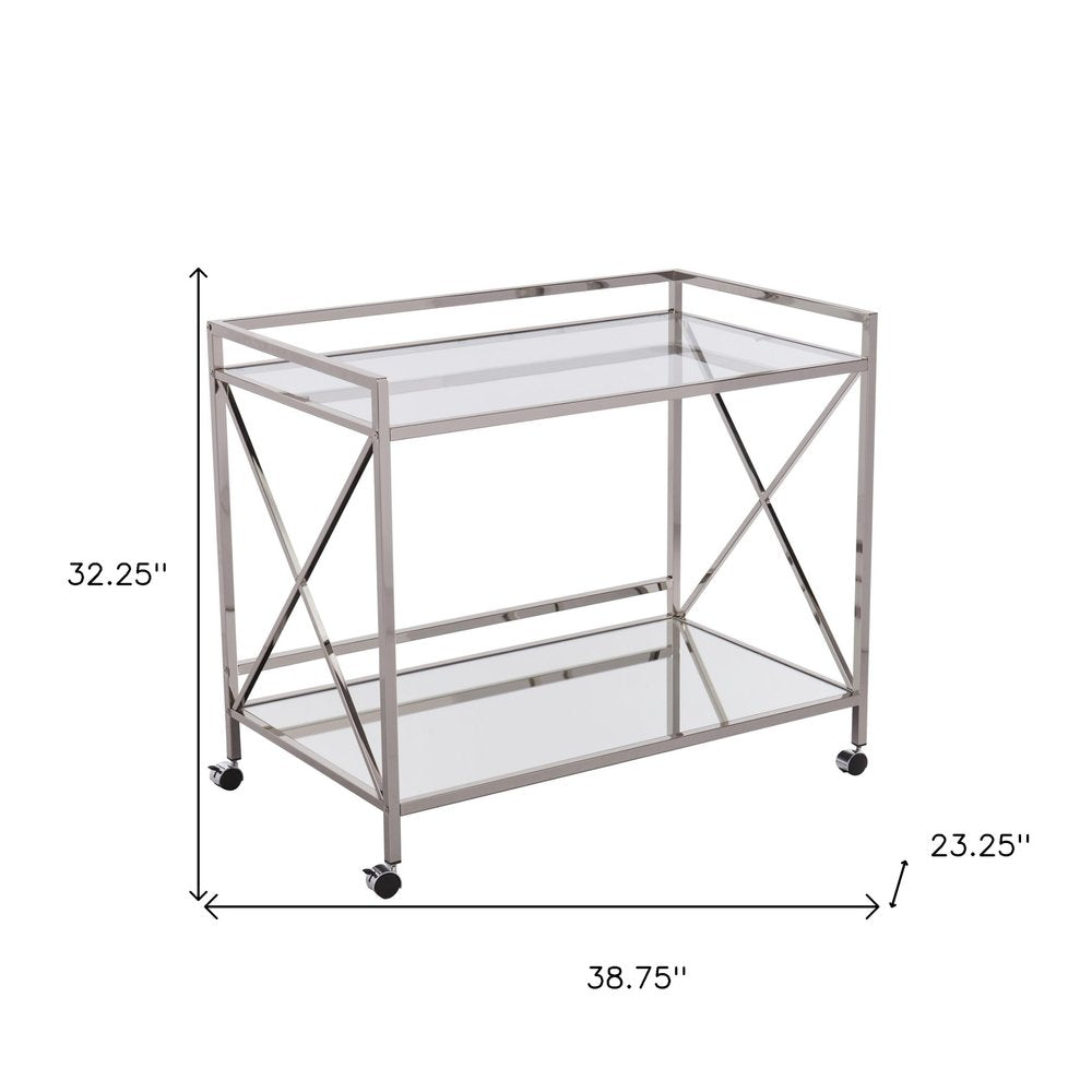 39" Silver Metal and Glass Rolling Bar Cart HomeRoots