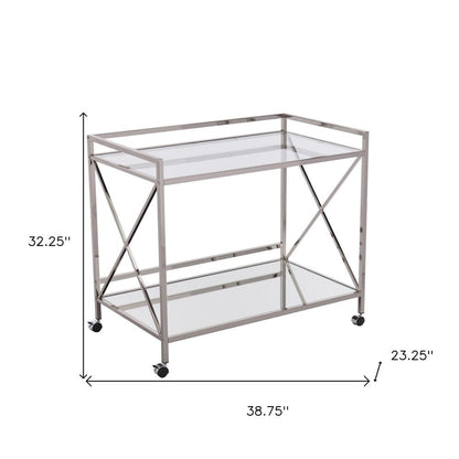 39" Silver Metal and Glass Rolling Bar Cart HomeRoots