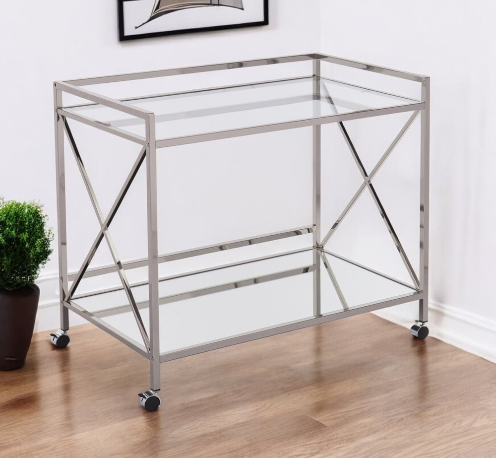 39" Silver Metal and Glass Rolling Bar Cart HomeRoots