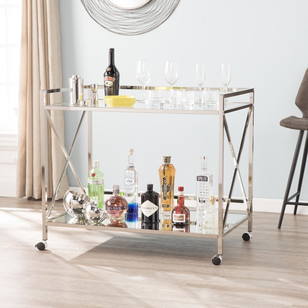39" Silver Metal and Glass Rolling Bar Cart HomeRoots