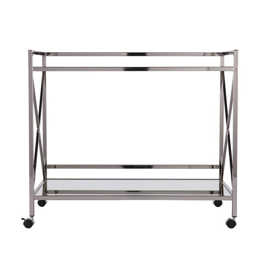39" Silver Metal and Glass Rolling Bar Cart HomeRoots