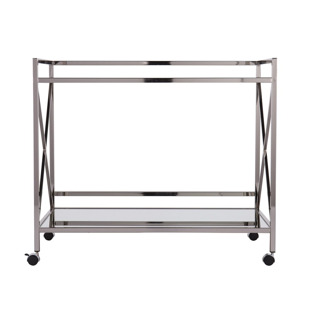 39" Silver Metal and Glass Rolling Bar Cart HomeRoots