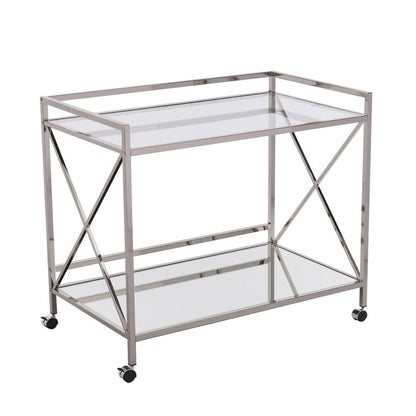39" Silver Metal and Glass Rolling Bar Cart HomeRoots