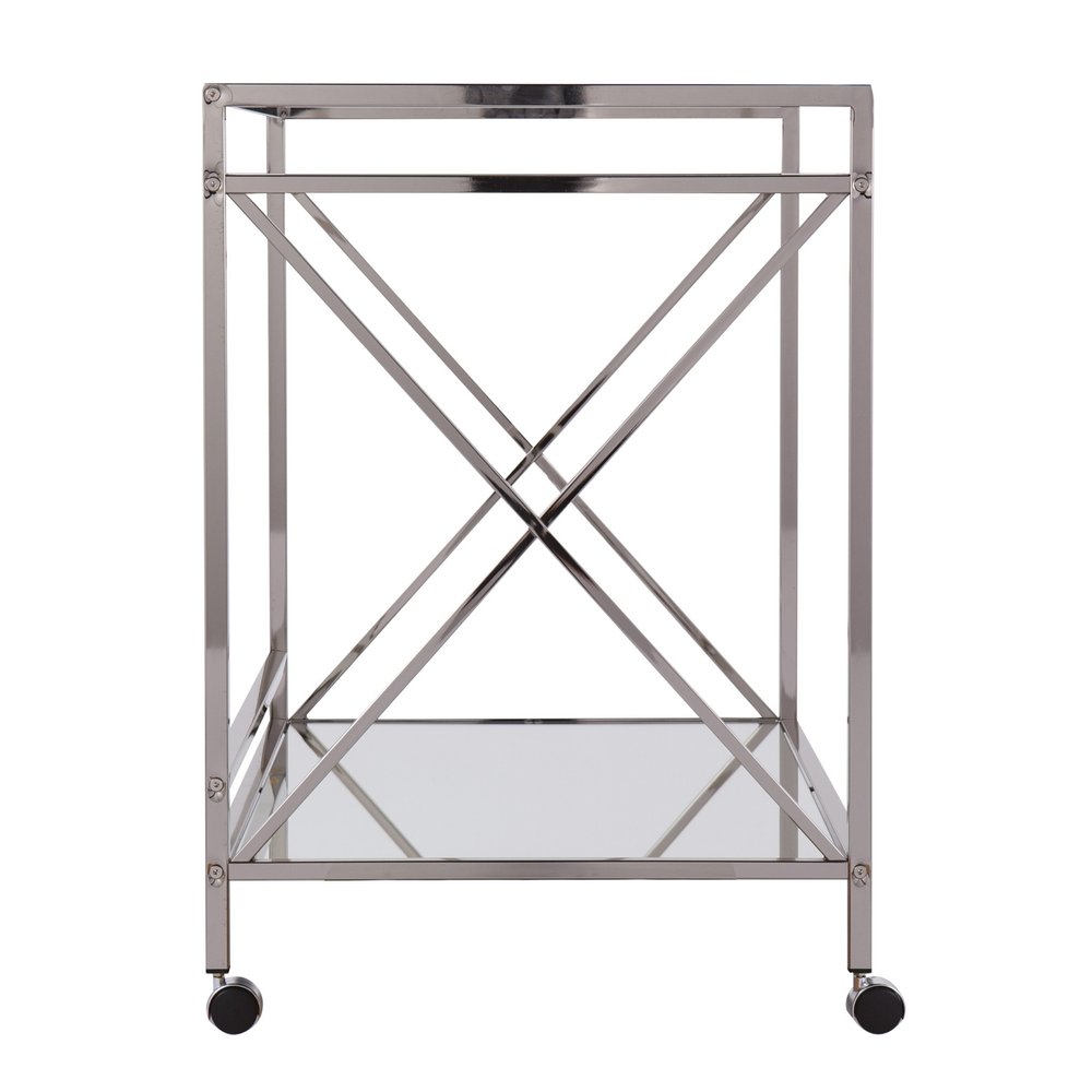 39" Silver Metal and Glass Rolling Bar Cart HomeRoots