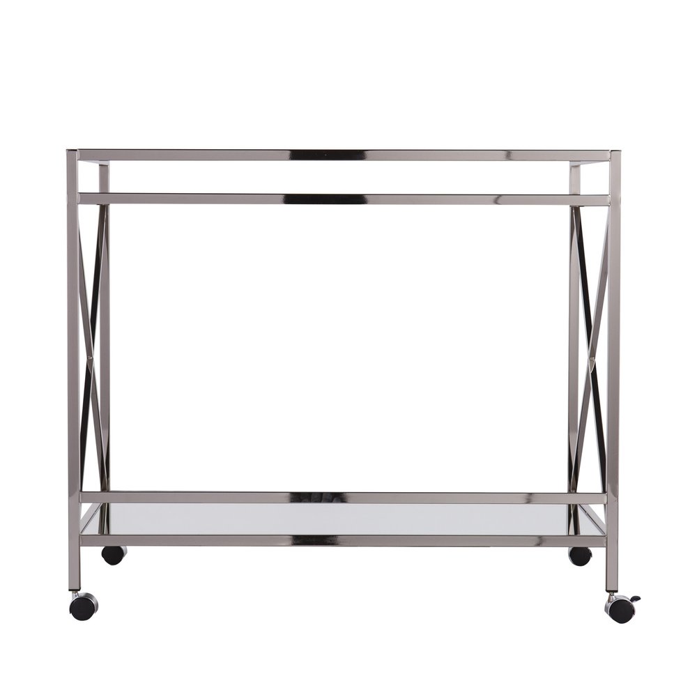 39" Silver Metal and Glass Rolling Bar Cart HomeRoots