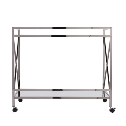 39" Silver Metal and Glass Rolling Bar Cart HomeRoots