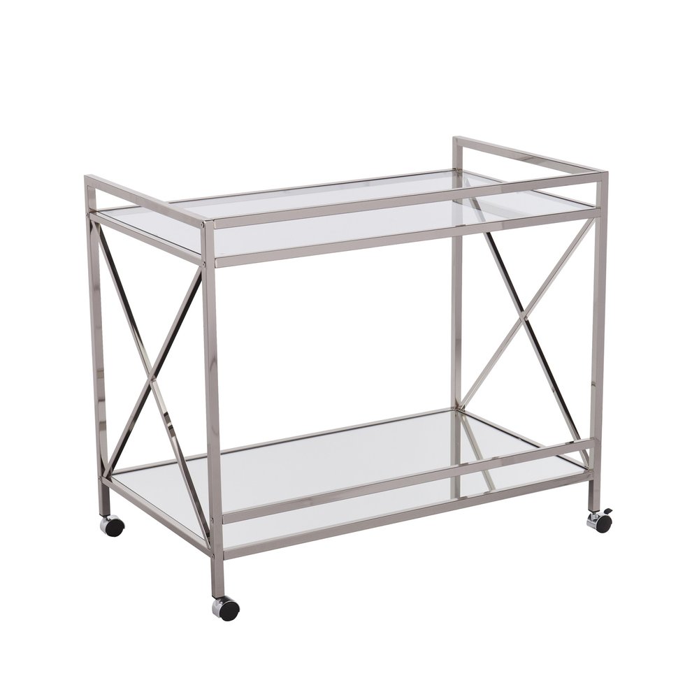 39" Silver Metal and Glass Rolling Bar Cart — view 6