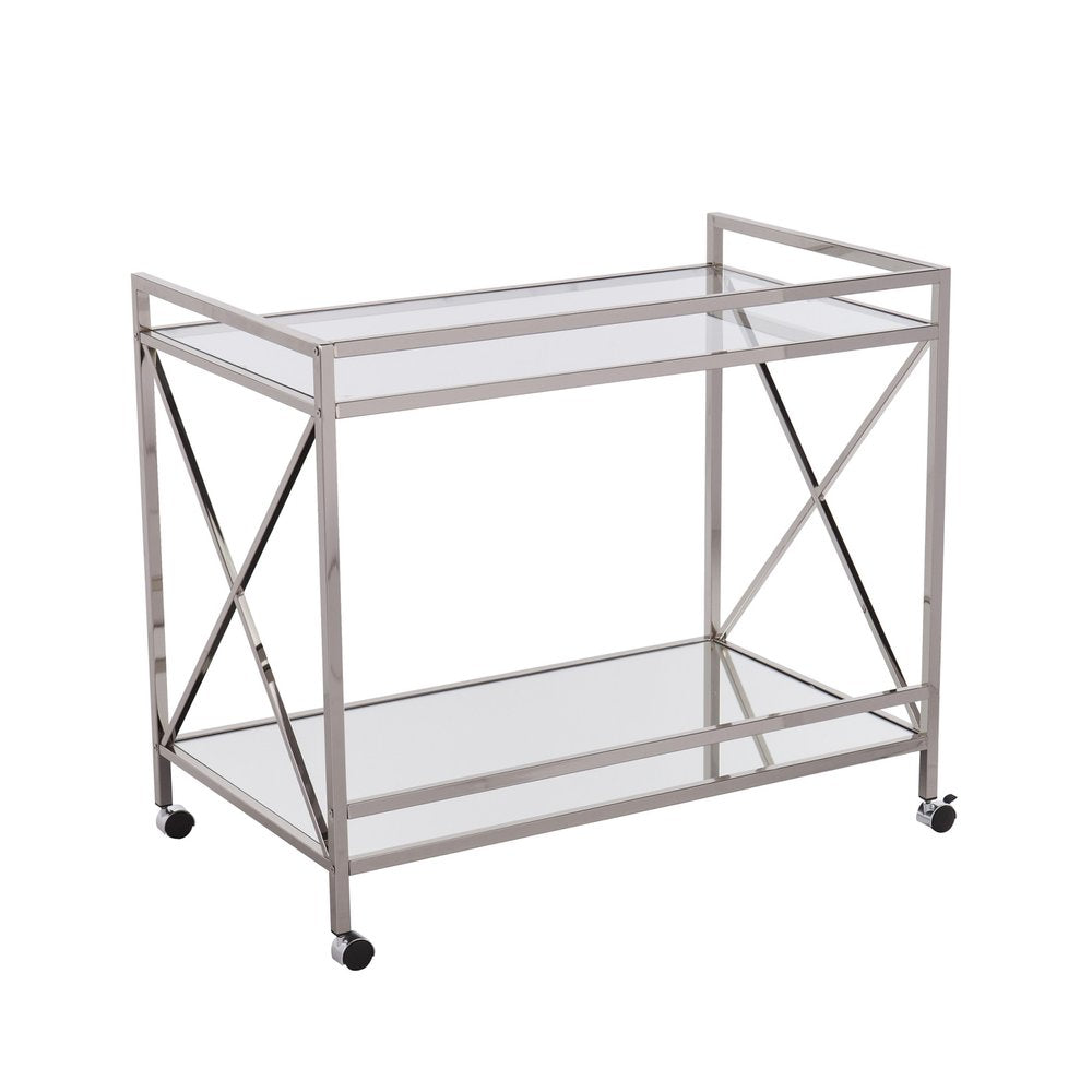 39" Silver Metal and Glass Rolling Bar Cart HomeRoots