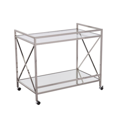 39" Silver Metal and Glass Rolling Bar Cart HomeRoots