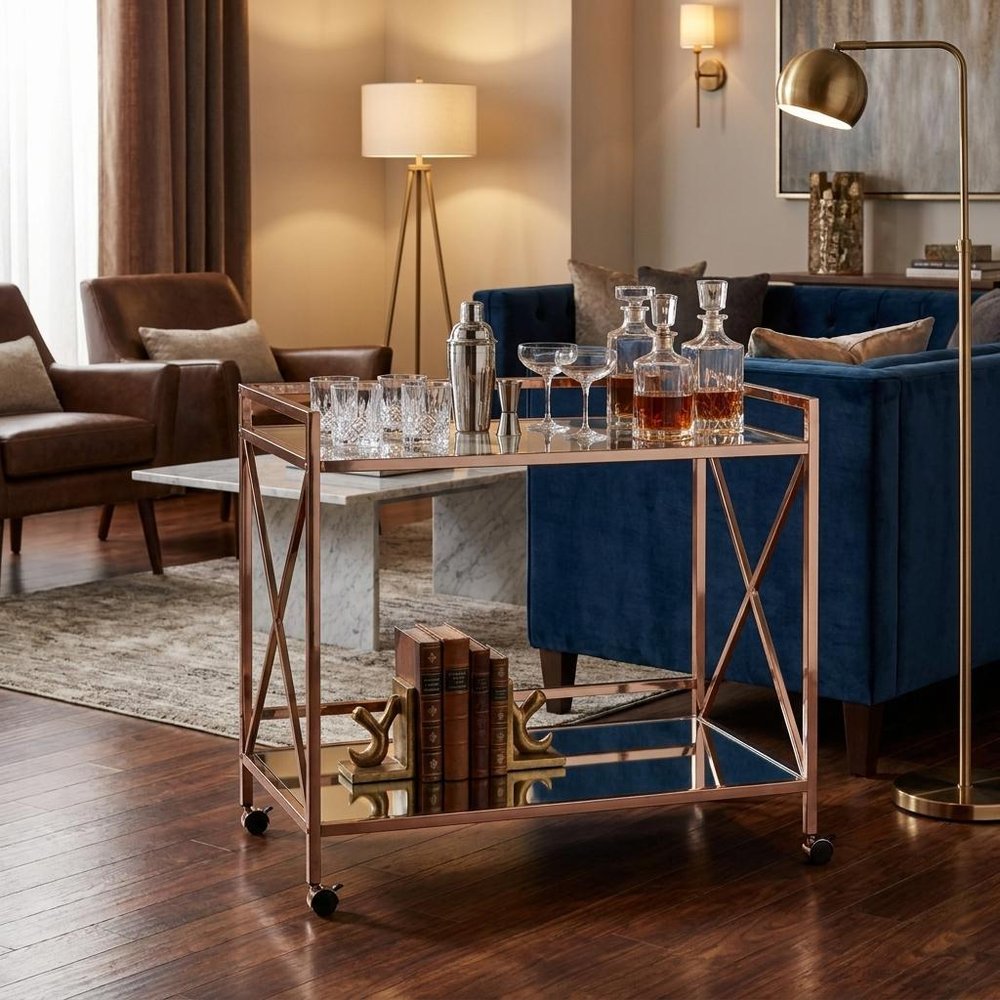 Gold Metal And Glass Rolling Bar Cart HomeRoots