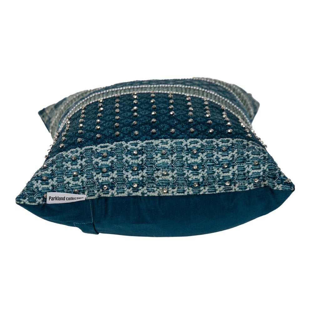 Blue and Aqua Beaded Embroidered Decorative Throw Pillow — view 3