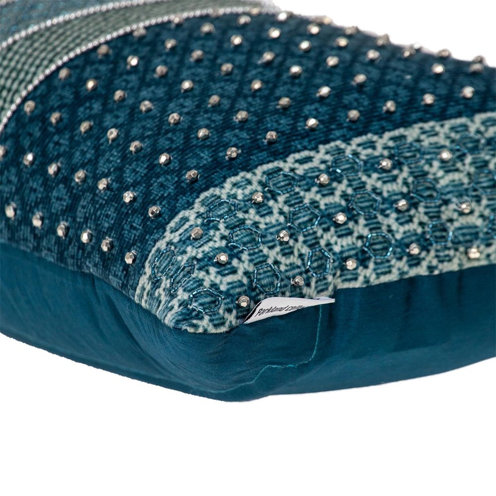 Blue and Aqua Beaded Embroidered Decorative Throw Pillow — view 4