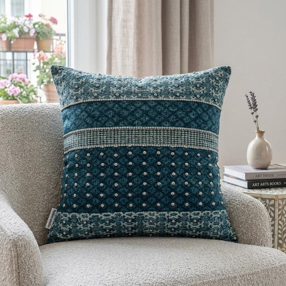Blue and Aqua Beaded Embroidered Decorative Throw Pillow — view 6